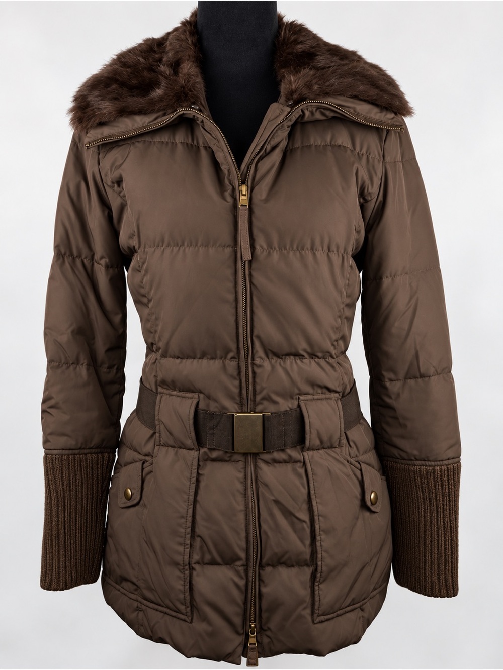 Vintage Y2K MAX & Co Goose Down Quilted Puffer Coat w/ Rabbit Fur Collar Belted